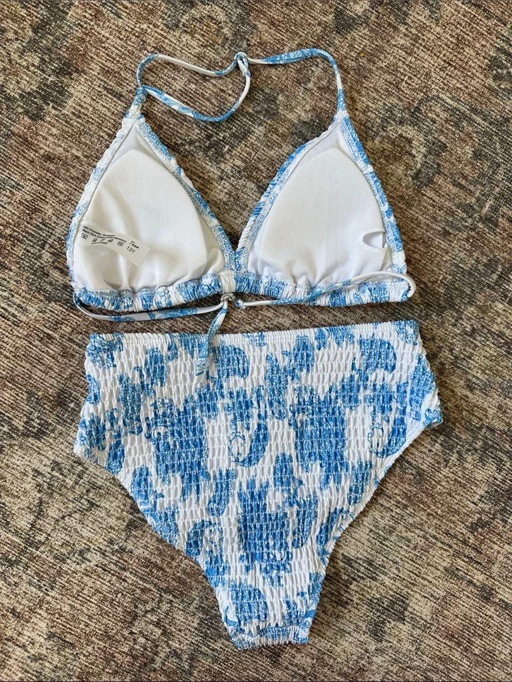 Blue & White Smocked High WaistTwo-Piece Bikini